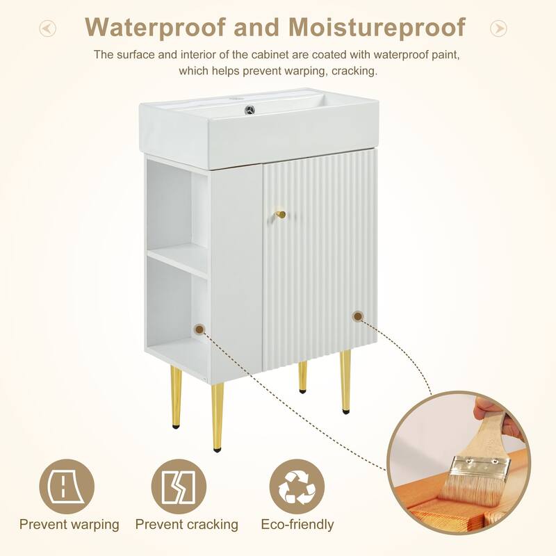 Lordear White MDF Single Sink Freestanding Bathroom Vanity with Ceramic Top Open Side Storage