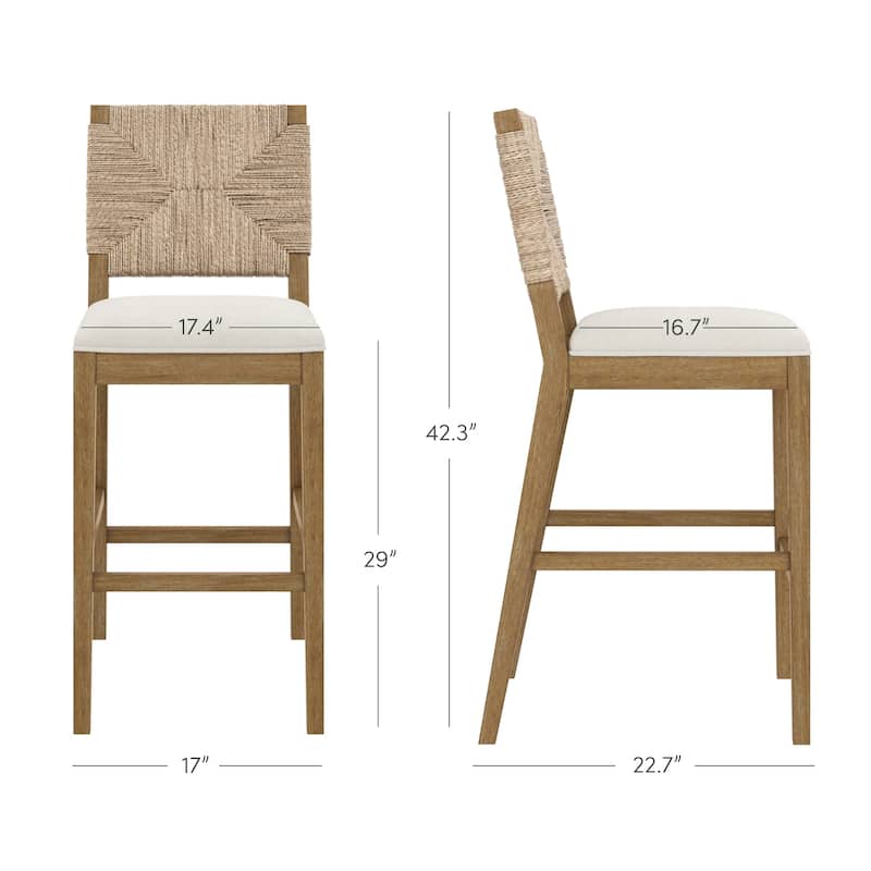 Beacon Bohemian Boucle Bar Stool, Upholstered Counter Height Chair with Solid Wood Frame and Woven Seagrass Back