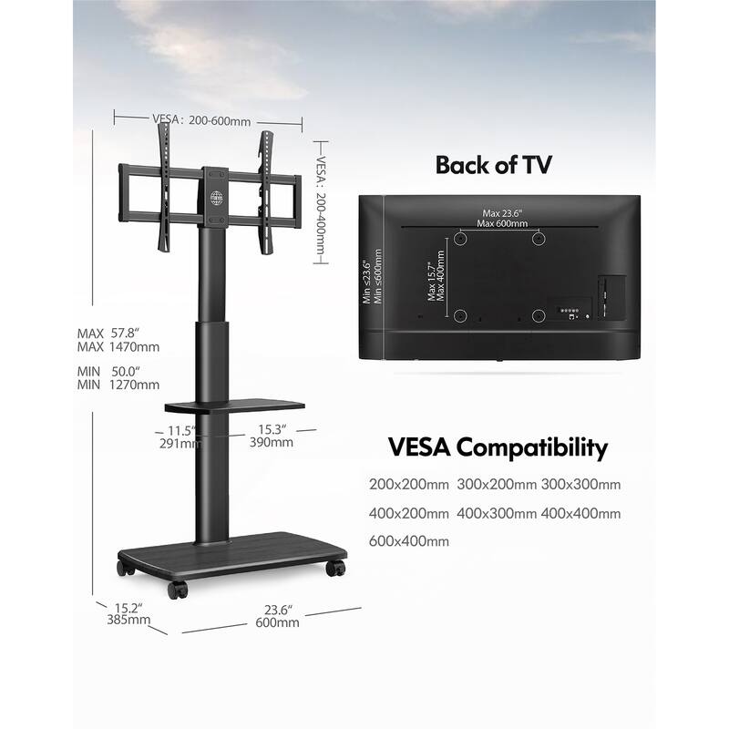 FITUEYES Rolling TV Floor Stand for 32 - 70 Inch TVs, with One Shelf and Upgraded 360° rotating wheels,Hold up to 88 lbs,