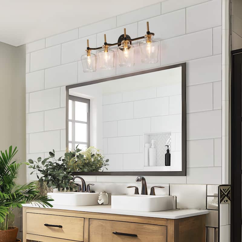 4-Light Black Gold Modern Bathroom Vanity Light Glass Wall Sconces for Powder Room
