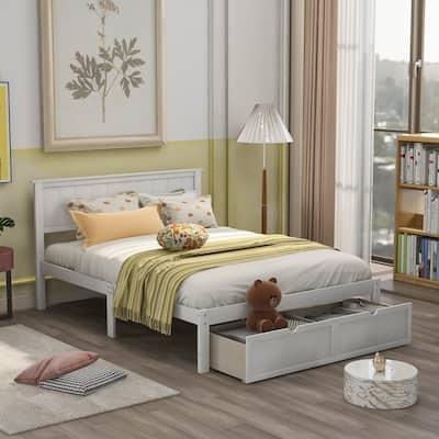 Full Size Wooden Platform Bed with Under-bed Drawers