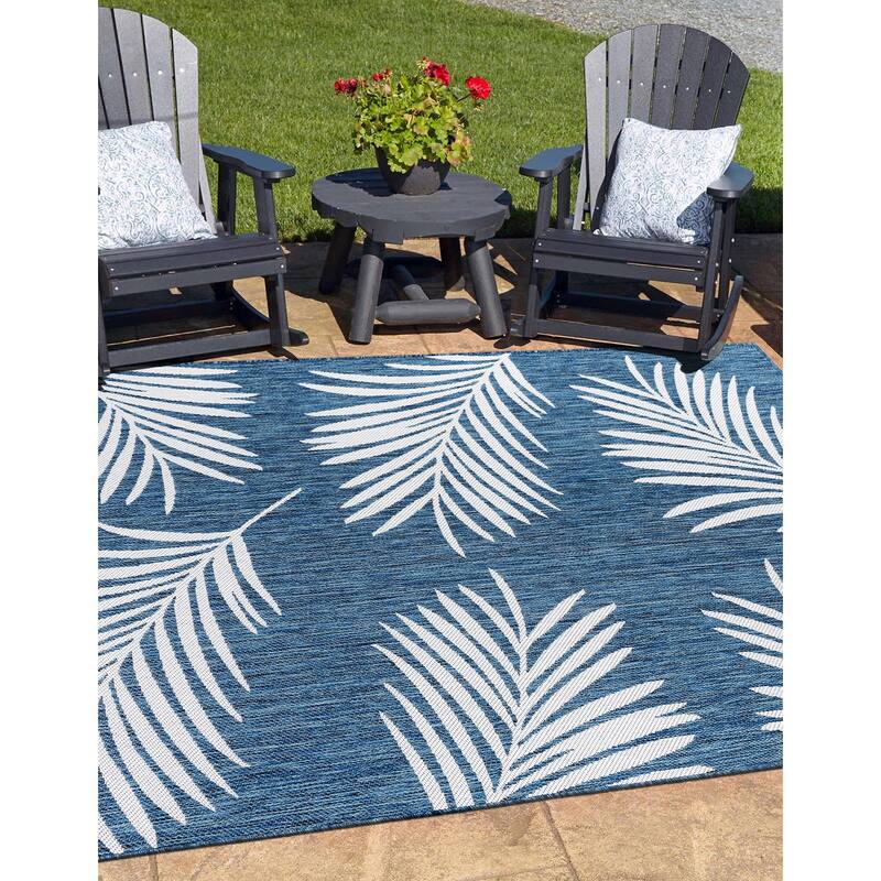 World Rug Gallery Contemporary Palm Leaves Textured Flat Weave Indoor/Outdoor Area Rug - 5' X 7' - Navy