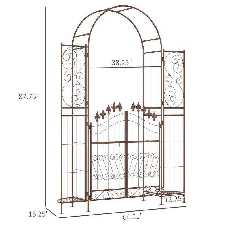 Outsunny 7' Metal Garden Arbor, Garden Arch with Gate, Fleur De Lis Motif, Latching Doors