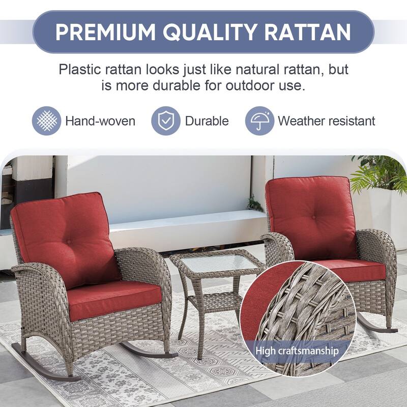 PlainCurve 3-Piece Wicker Outdoor Patio Conversation Set with Rocking Chairs and Olefin Cushions