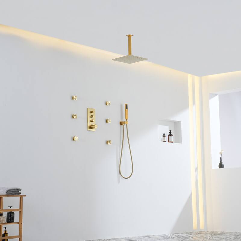 3 Functions 12 Inch Ceiling Mounted Thermostatic Shower System in Brushed Gold