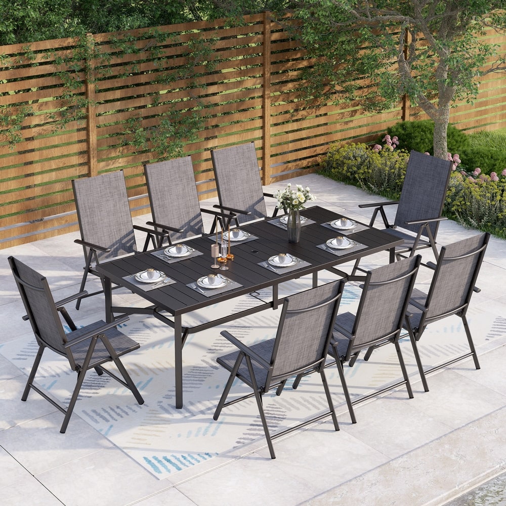 9-Piece Patio Dining Set, Metal Table and Foldable Sling Dining Chairs with 7 Levels Adjustable