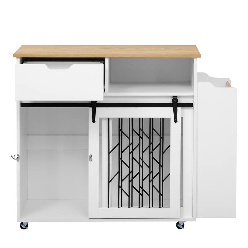 2-in-1 Dog Crate Kitchen Island with Sliding Door，Open Side Shelf, Drawer