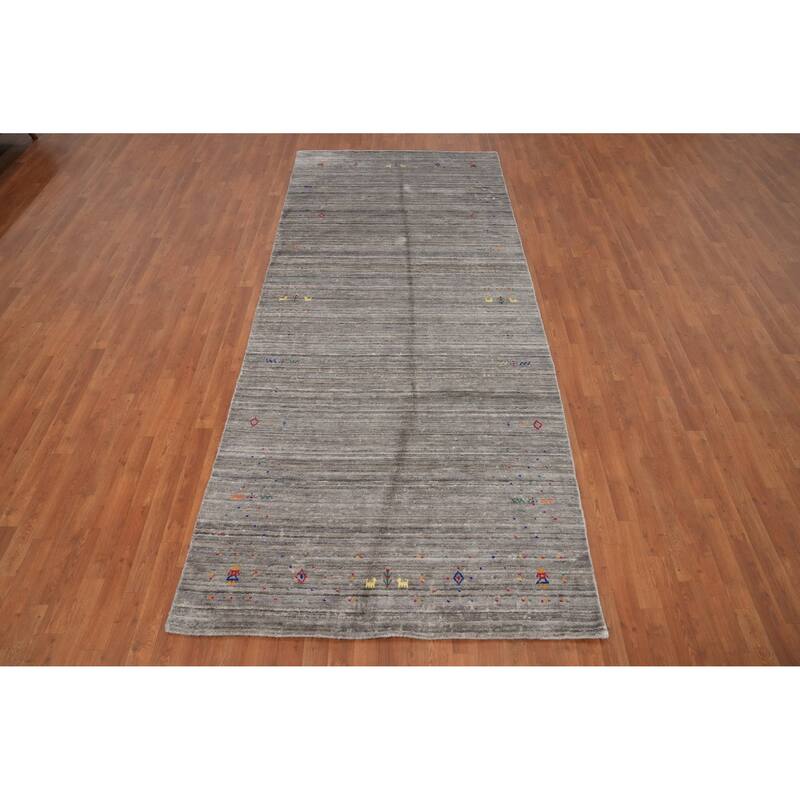Hand Knotted Oriental Viscose Silk Carpet Tribal Animal Pictorial Greys & Charcoal Gabbeh Area Rug - 11' 8'' X 4' 11''