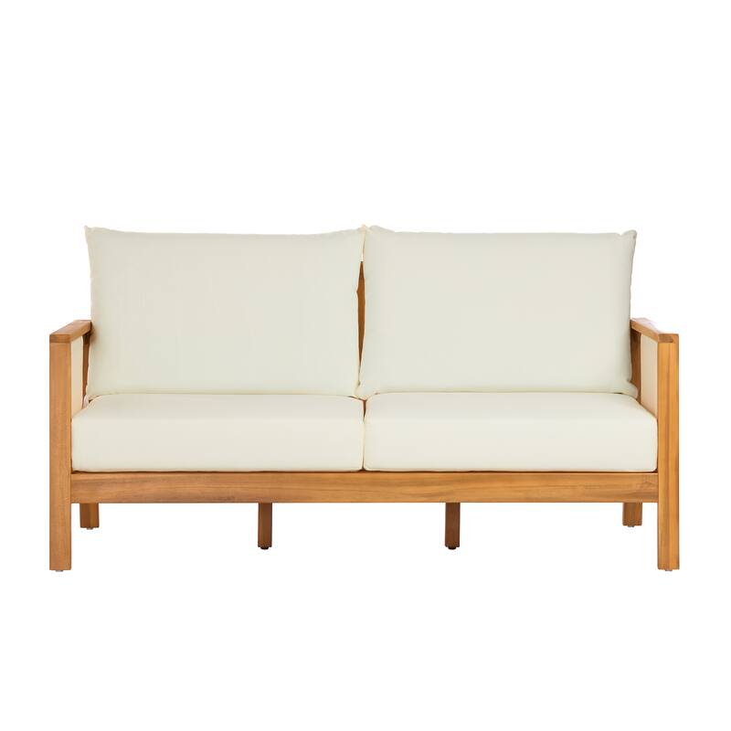 Christopher Knight Home - Arno Mid-Century Modern Outdoor Acacia Wood Sofa Seating Set with Cushions and Coffee Table