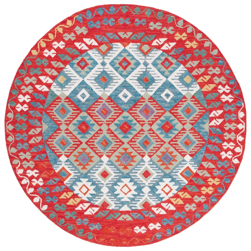 SAFAVIEH Handmade Aspen Bjarnveig Boho Wool Rug - 7' Round - Red/Blue
