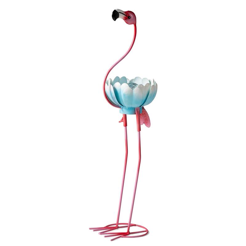  Glitzhome 26.25"H Standing Flamingo Solar Lighting Metal Statue for Outside Patio Lawn Balcony Backyard Decorations