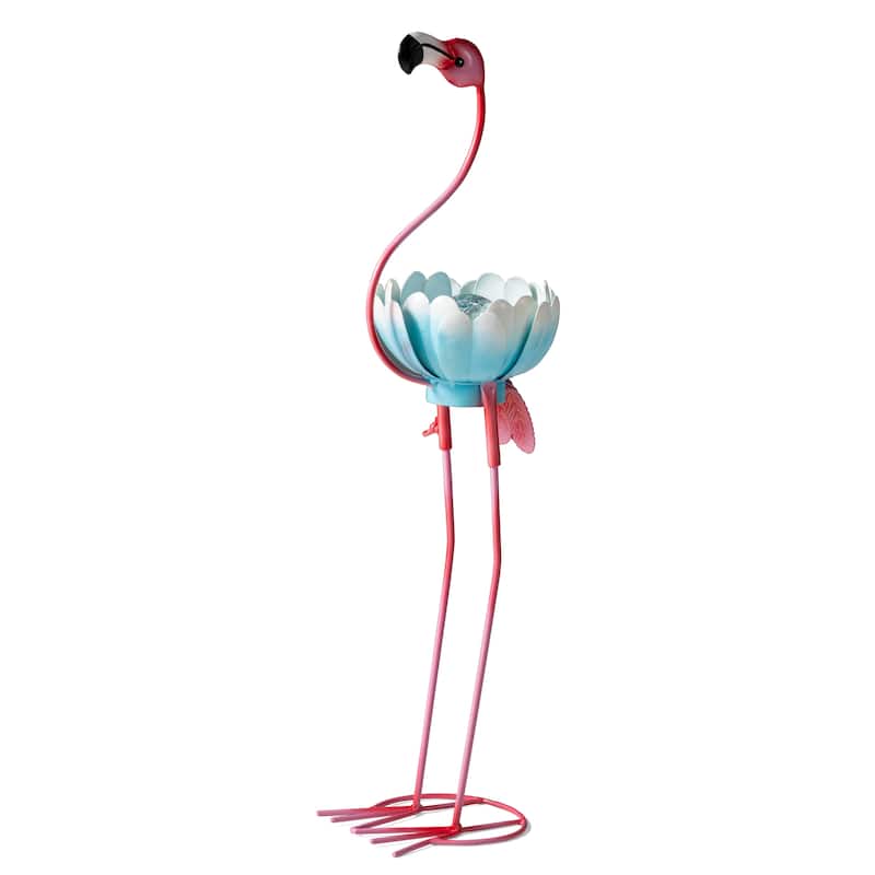 Glitzhome 26.25"H Metal Solar Lighting Standing Flamingo Garden Statue