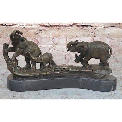 Three Imitative Elephants Family - Hot Cast Bronze Sculpture Of African Wildlife On Marble Base