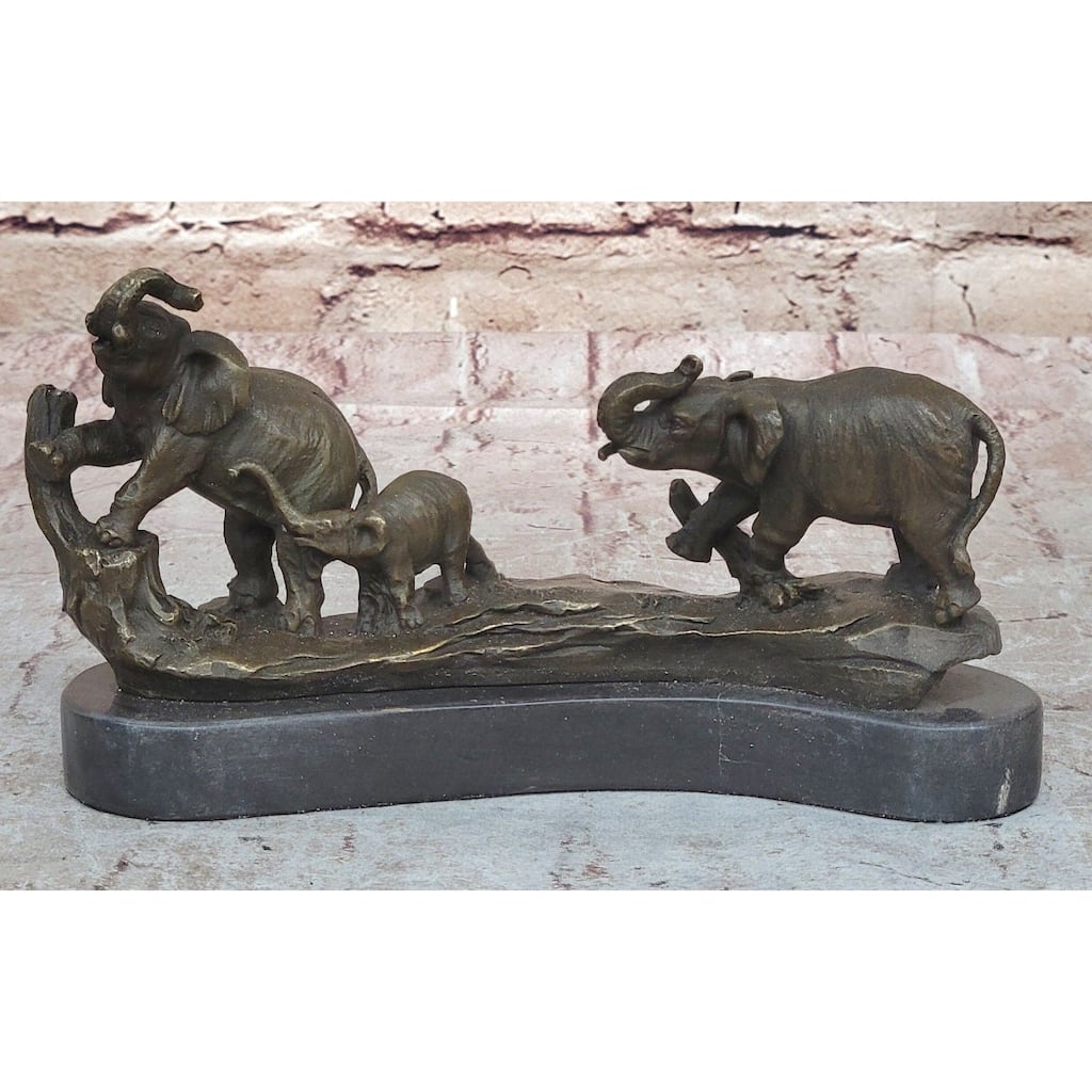 Three Imitative Elephants Family - Hot Cast Bronze Sculpture Of African Wildlife On Marble Base