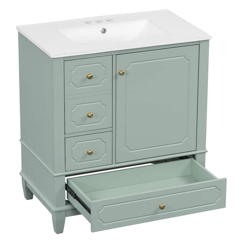 GDFStudio 30" Freestanding Bathroom Vanity with Ceramic Sink and Storage Drawers - 30" W x 18" D x 33.8" H