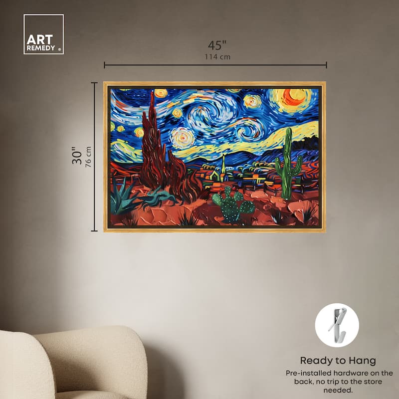 Art Remedy Desert Night Stars Framed Impressionism 1 Piece Canvas Wall Art /Monet And Van Gogh Inspired Art