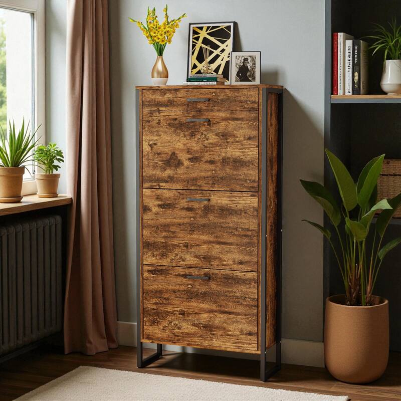 25.6" Slim Shoe Storage Cabinet with 3 Flip Drawers and 1 Drawer, Freestanding Entryway Shoe Organizer for Small Spaces - Rustic Brown