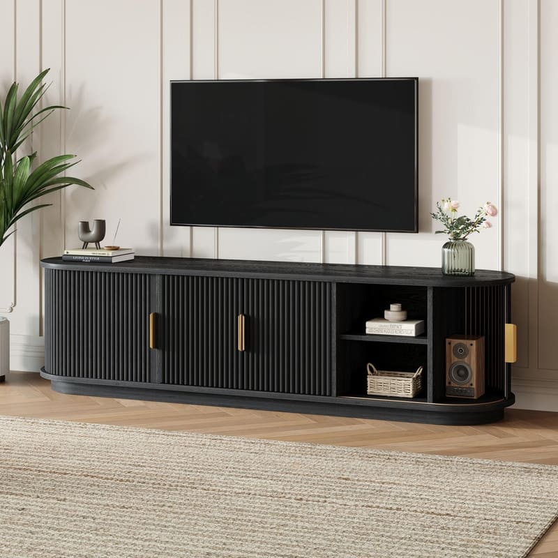 Farmhouse TV Stand with Sliding Tambour Door for 75-Inch TVs, Fluted Media Console with Adjustable Shelves and Golden Handles