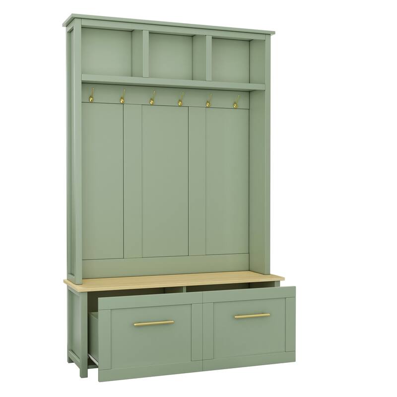 4-in-1 Hall Tree with 6 Golden Hooks Wooden Bench 2 Drawers for Entryway