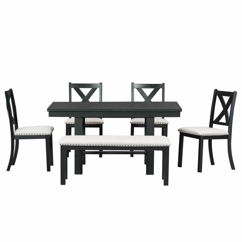 Farmhouse 82-inch 6-Piece Extendable Dining Table with Footrest, 4 Upholstered Dining Chairs and Dining Bench