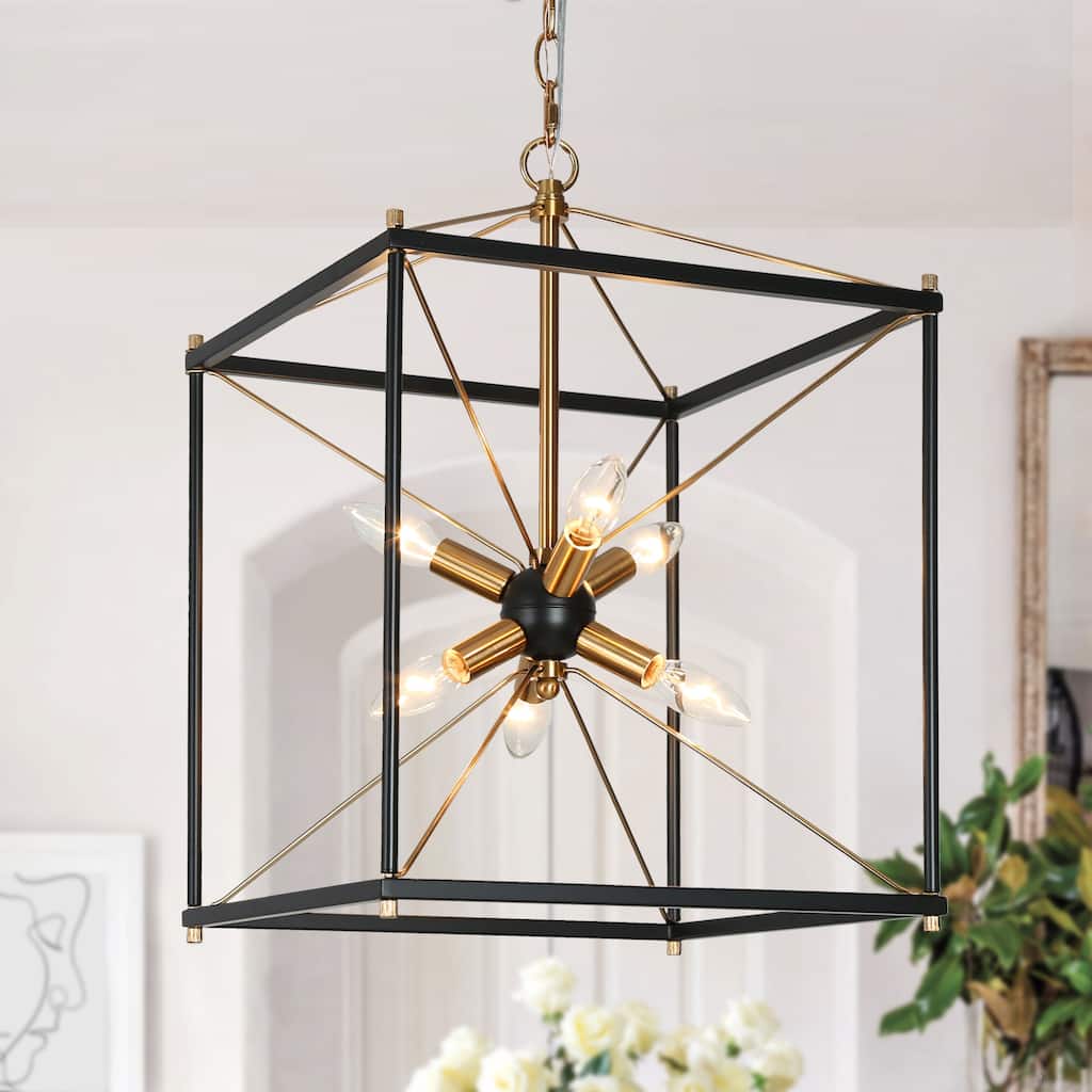 Leno 6-Light Black Gold Sputnik Sphere Chandelier Modern Cage Satellite Metal Pendant Lighting for Dining Room