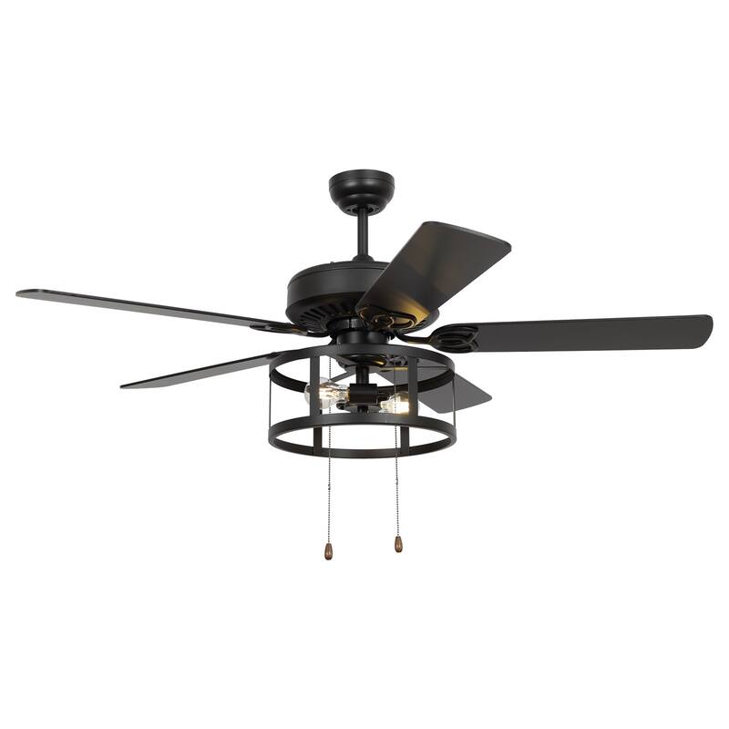 52" Industrial Black 5 Blades Caged Ceiling Fan with Light and Pull Chain