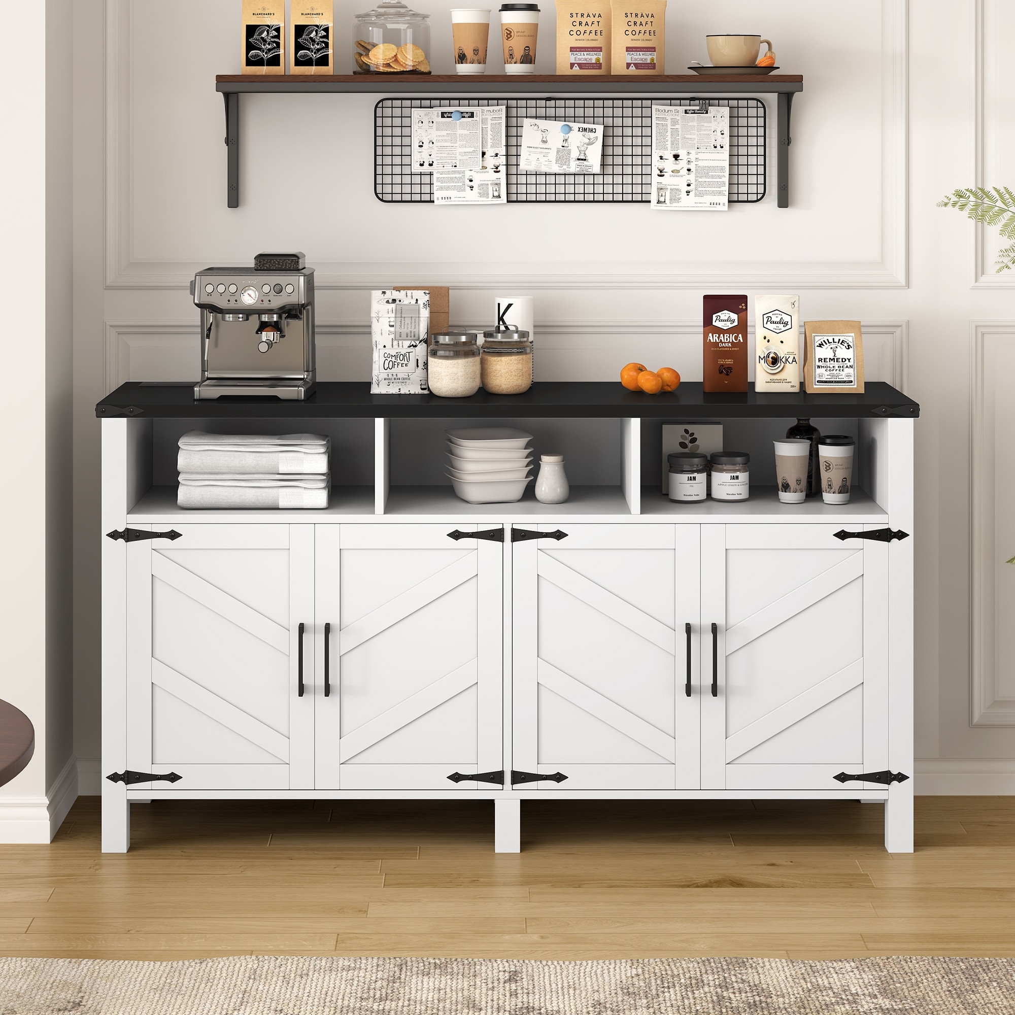 59" Modern 4 Doors Sideboard Buffet with Power Outlets and Adjustable Shelves