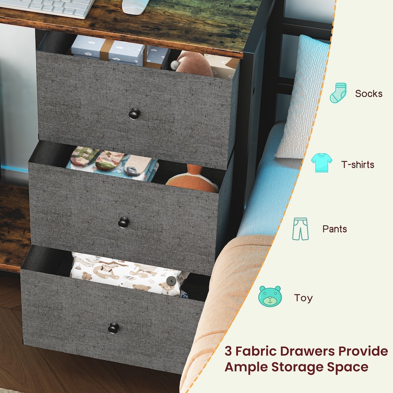 Metal Bunk Bed with Folding Table, 3 Storage Drawers, LED Lights & USB Ports