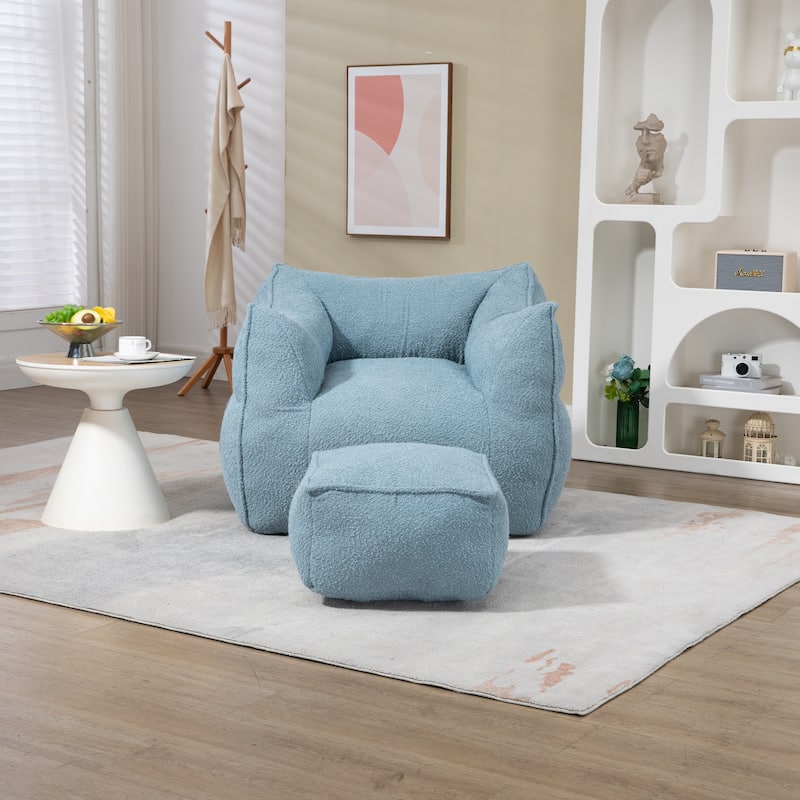Boucle Upholstered Deep Seat Armless Square Bean Bag Chair with Ottoman - Blue
