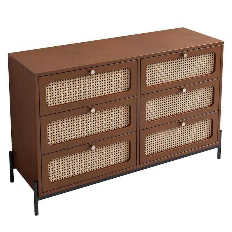 Modern Cannage Rattan Wood Closet 6Drawer Dresser Wood Storage