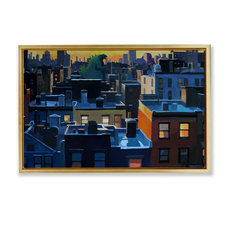 Stupell Cityscape with Distant Monster Framed Floater Canvas Wall Art Design By Keith Thomson - 25 x 17 - Gold