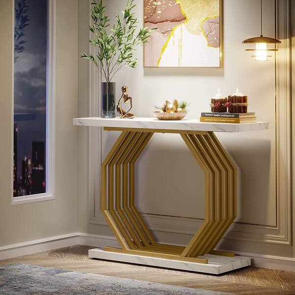 Gold Console Table, Faux Marble Entryway Table Narrow Sofa Table , 40 Inch Modern Accent Table