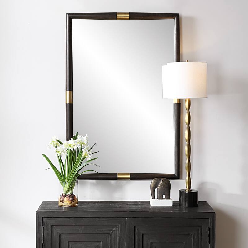Oak Framed Rectangular Wall Mirror - 43.5" - Brown and Antique Brass