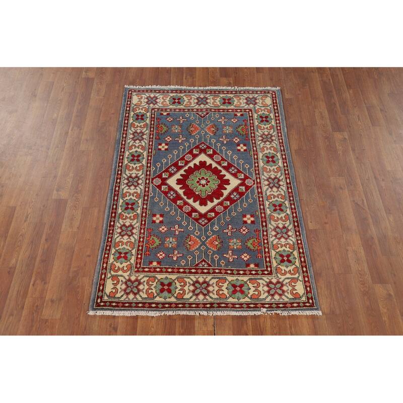 Geometric Blue Kazak Oriental Foyer Rug Hand-Knotted Wool Carpet - 3'4" x 4'11"
