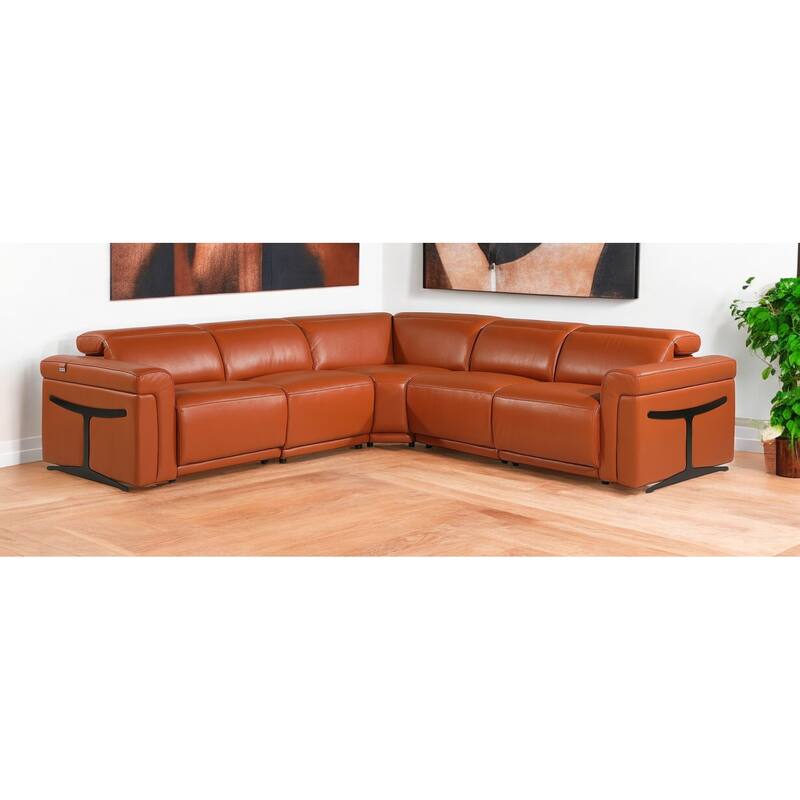 HomeRoots Camel Italian Leather Modular L Shaped Five Piece Corner Sectional - Reversible - Camel