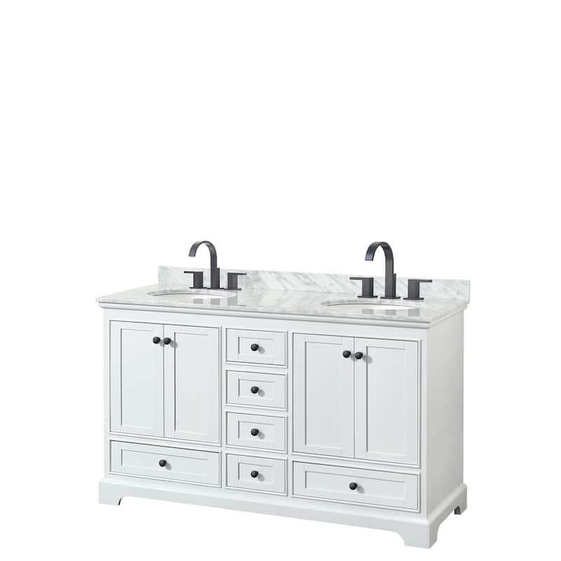 Deborah 60-inch Double Vanity, Oval Sinks, No Mirrors - White, Black Trim, White Carrara Marble Top