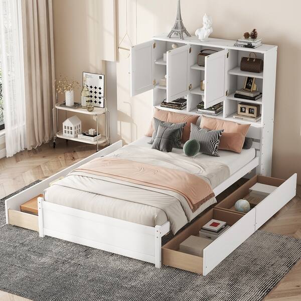 slide 2 of 24, Full Size Platform Bed with 4 Drawers Under-Bed,Headboard with Storage Shelves White