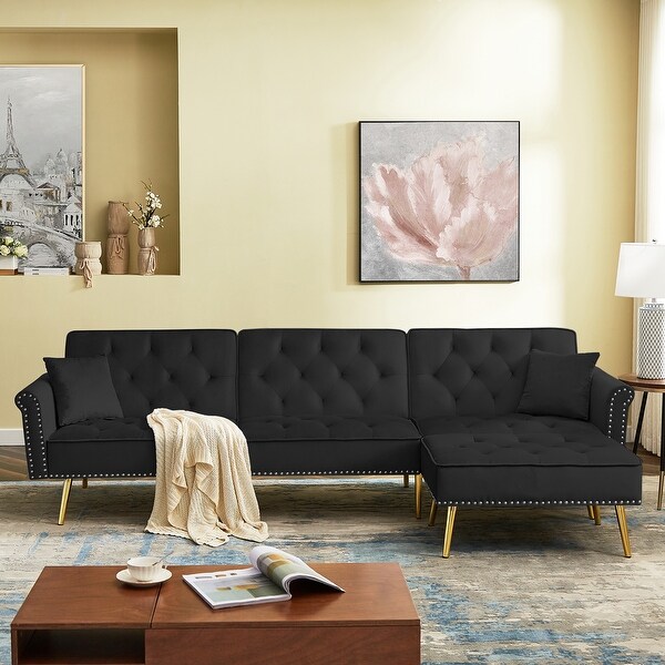 Velvet Upholstered Reversible Sectional Futon Sofa Bed L Shaped Couch with Movable Ottoman Nailhead Trim for Living Room Bed Bath Beyond 36877527
