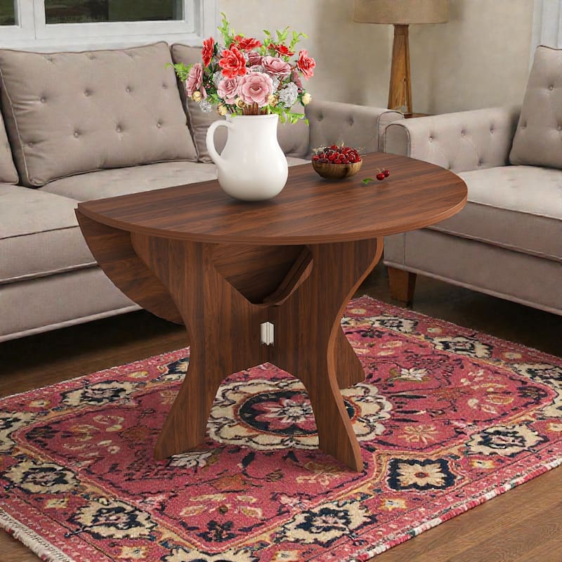43 Inch Folding Dining Table for Small Spaces, Round MDF Veneer Foldable Kitchen Table with Slim Storage Design