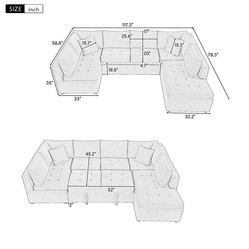Grey 117" U-Shaped Oversized 6-Seater Sectional Sofa with Chaise, Pull-Out Bed, and 2 Detachable Throw Cushions for Comfort