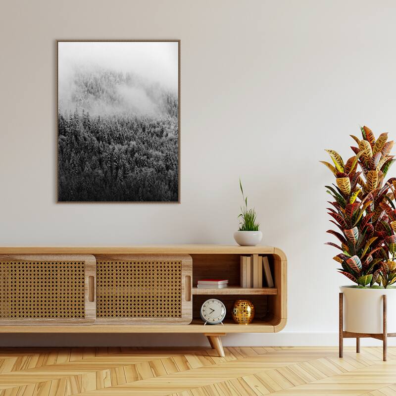 Black and White Foggy Pine Forest in Winter by Michael Schauer (32 x 42 in.), Framed Canvas Wall Art Print