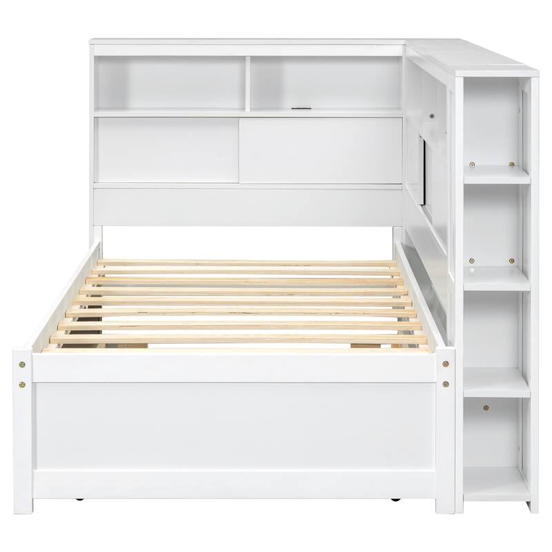 Twin Size Wood Daybed with Storage Shelves, USB Charging Port, Trundle, and White Finish, Perfect for Small Spaces