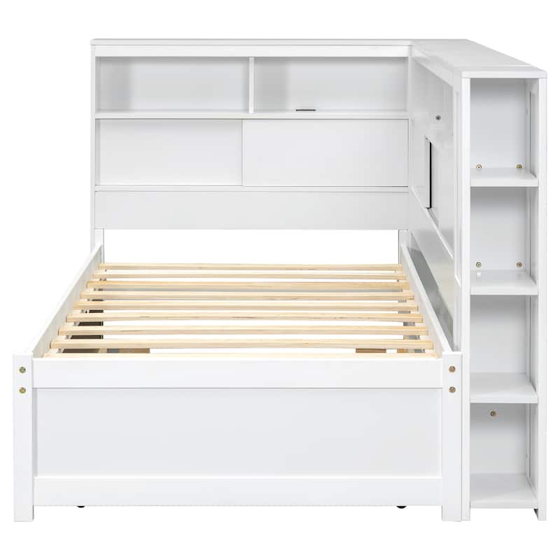 Wooden Twin Daybed with Built-In Storage Shelves, USB Port, and Trundle - Natural