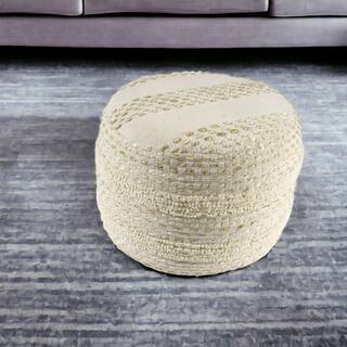 18" Natural and Ivory Cotton Blend Round Striped Pouf Ottoman