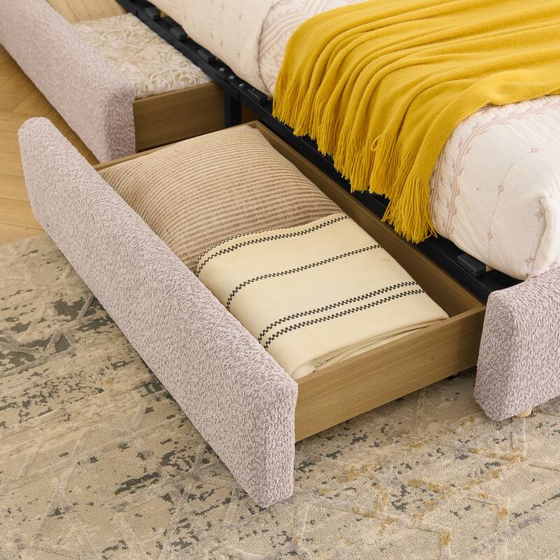Fabric Upholstered Platform Bed Frame with Curved Headboard/4 Built-in Wheeled Storage Drawers/Sturdy Legs Support/Easy Assembly