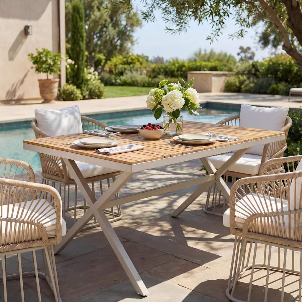 Roomfitters 55.12" Rectangular Outdoor Dining Table with Slatted Teak Wood Top & Beige Steel X-Frame Base for Patio, Teak+ Beige