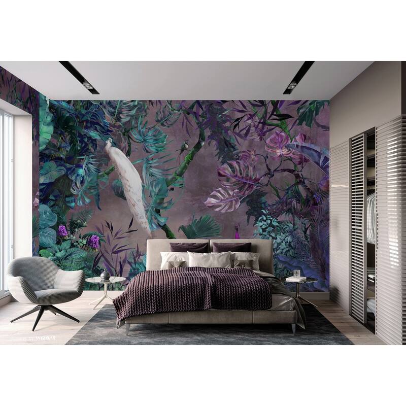 Exotic White Peacock Wallpaper Mural - Purple - W:175" x H:118"