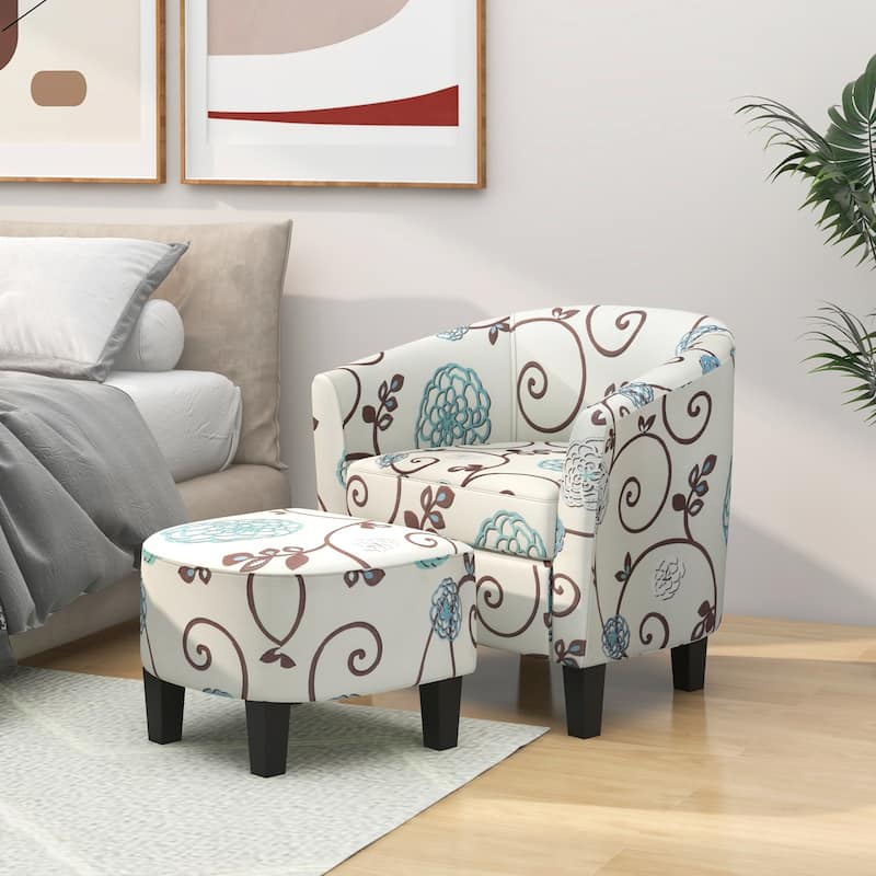 Modern Upholstered Linen Fabric Lounge Armchair with Ottoman and Wood Legs for Living Room - 28" x 25" x 29" (L x W x H)
