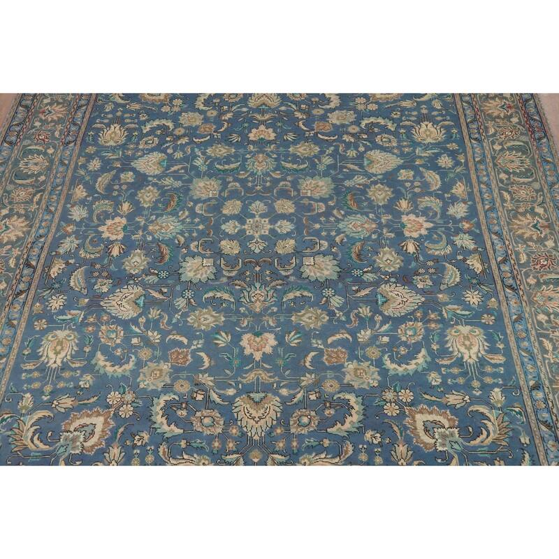 Distressed Blue Floral Tabriz Persian Area Rug Handmade Wool Carpet - 9'1"x 12'4"