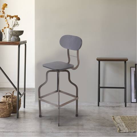 Gray Wooden Swivel Bar Stool with Curved Metal Base